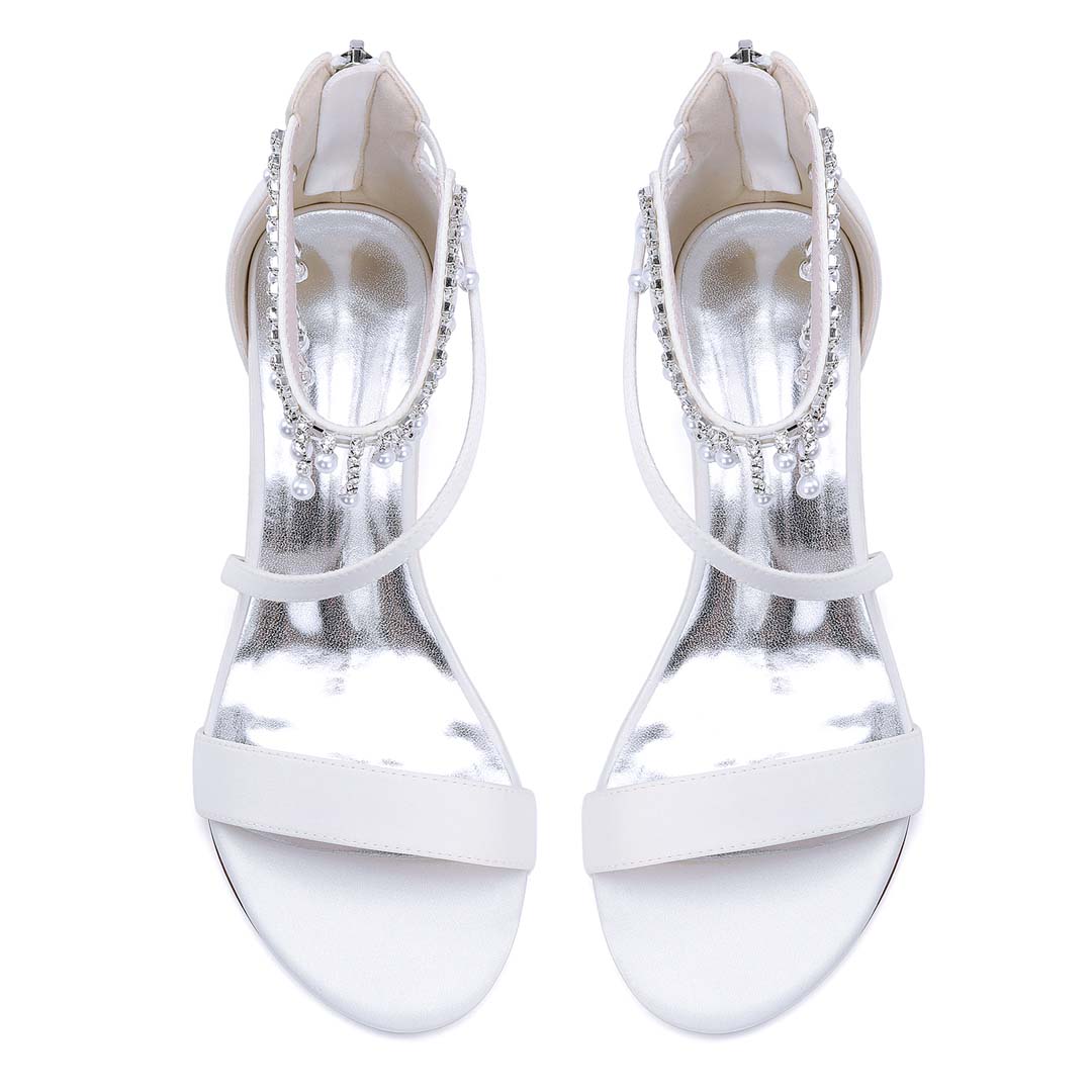 Low Heel Silk Like Satin Open Toe Wedding Shoes With Rhinestone