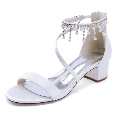 Low Heel Silk Like Satin Open Toe Wedding Shoes With Rhinestone
