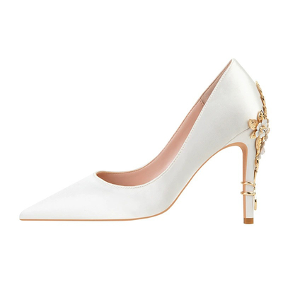 High Heel Satin Point Toe Wedding Shoes With Flower