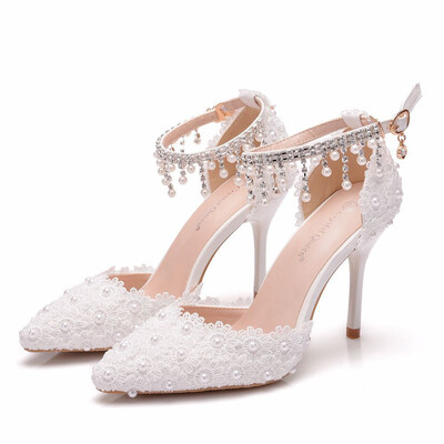 High Heel PU Leather Point Toe Wedding Shoes With Imitation Pearl