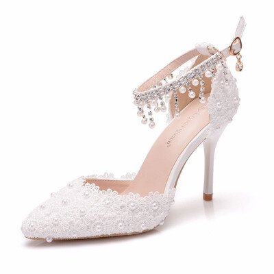 High Heel PU Leather Point Toe Wedding Shoes With Imitation Pearl