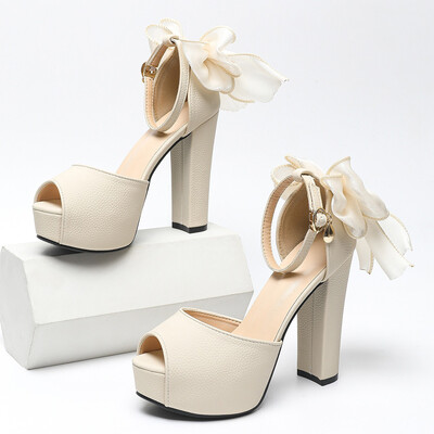 Chunky Heel Leatherette Peep Toe Wedding Shoes With Bowknot