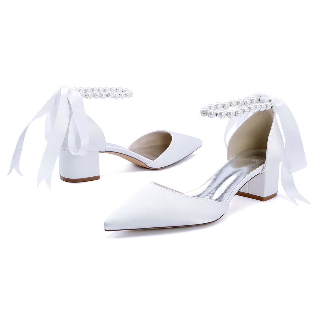 Low Heel Silk Like Satin Point Toe Wedding Shoes With Imitation Pearl