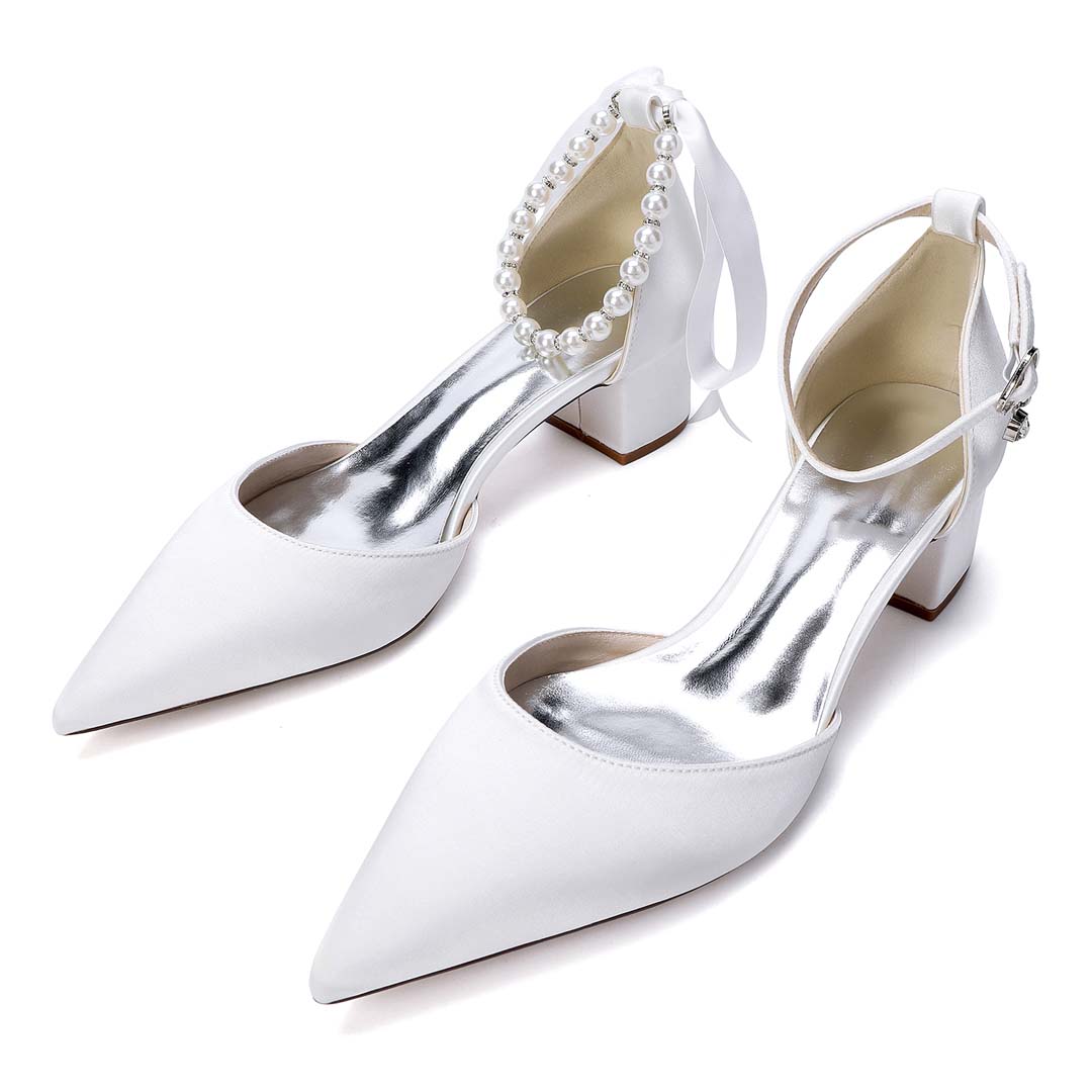 Low Heel Silk Like Satin Point Toe Wedding Shoes With Imitation Pearl