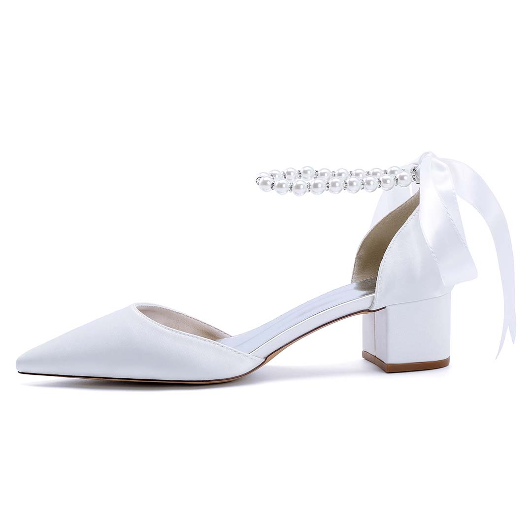 Low Heel Silk Like Satin Point Toe Wedding Shoes With Imitation Pearl