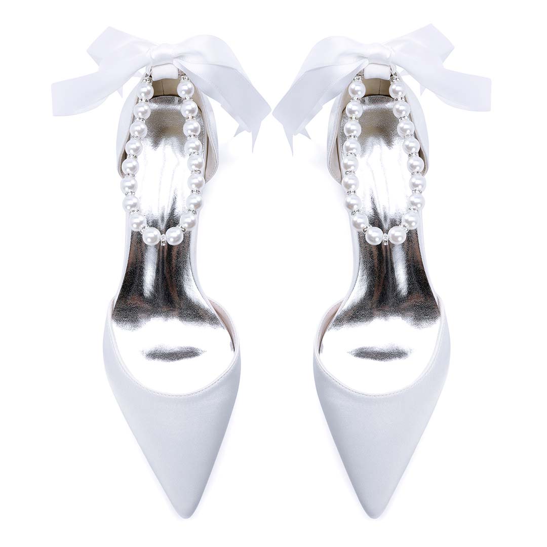 Low Heel Silk Like Satin Point Toe Wedding Shoes With Imitation Pearl