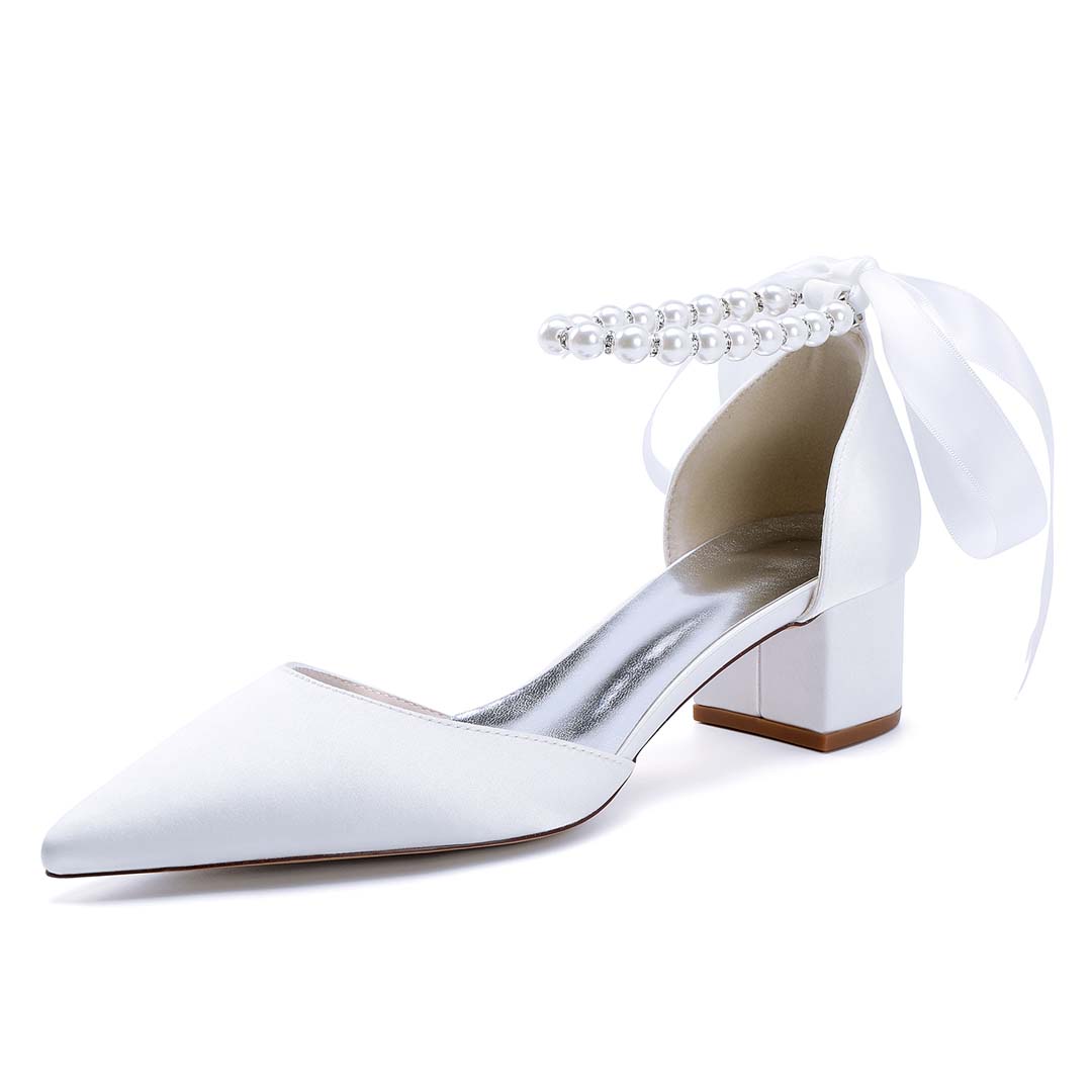 Low Heel Silk Like Satin Point Toe Wedding Shoes With Imitation Pearl