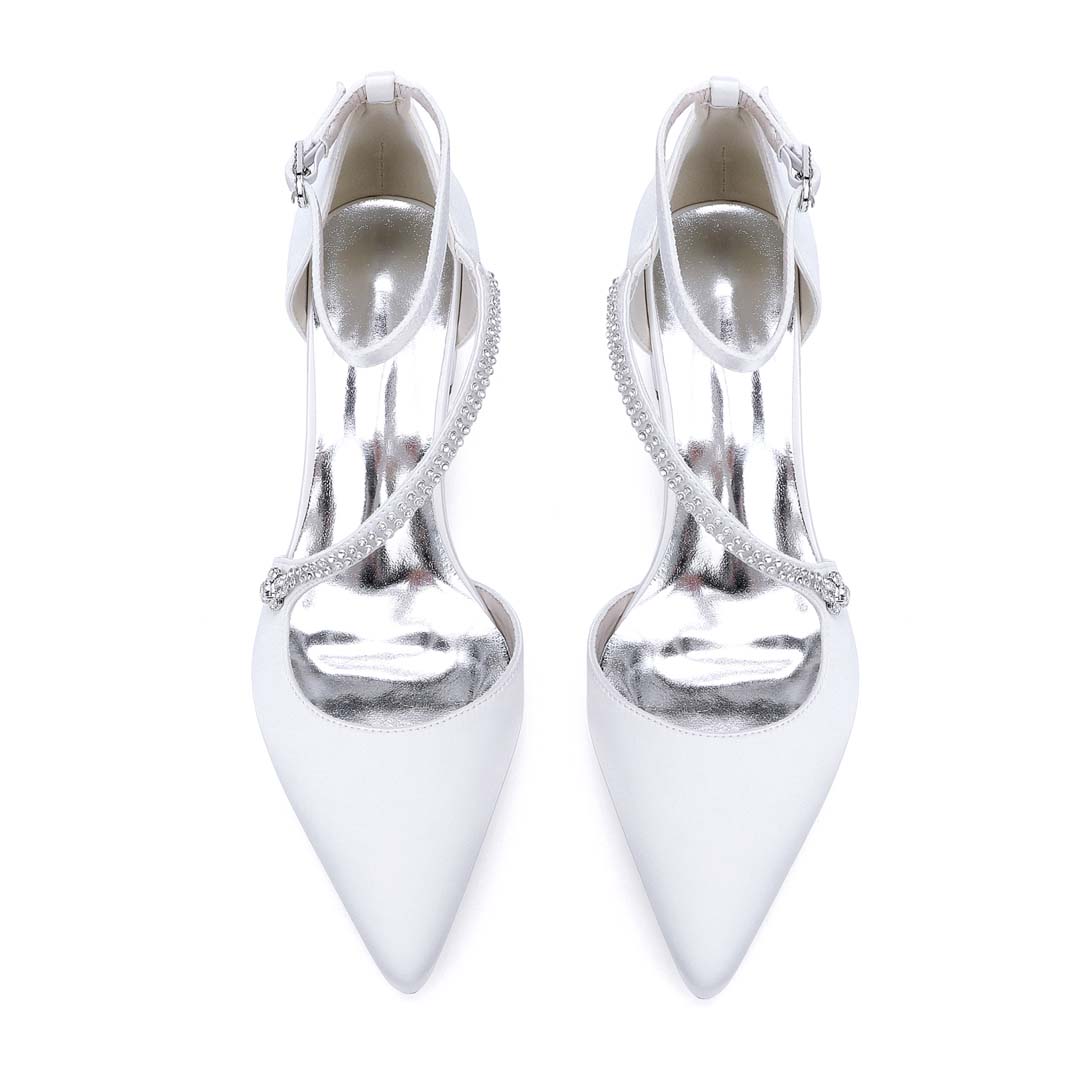 Low Heel Silk Like Satin Closed Toe Wedding Shoes With Rhinestone