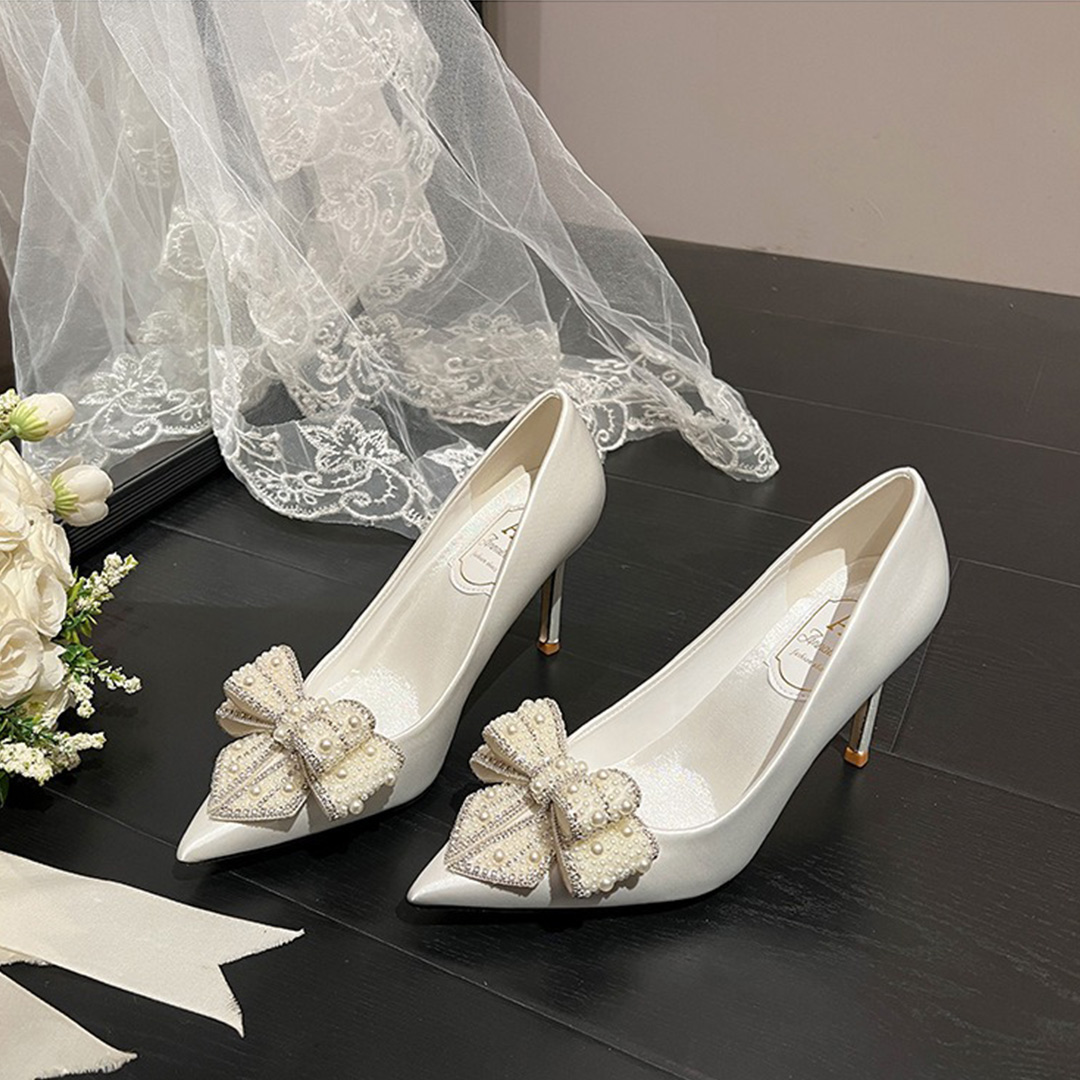 High Heel Satin Point Toe Wedding Shoes With Imitation Pearl/Bowknot