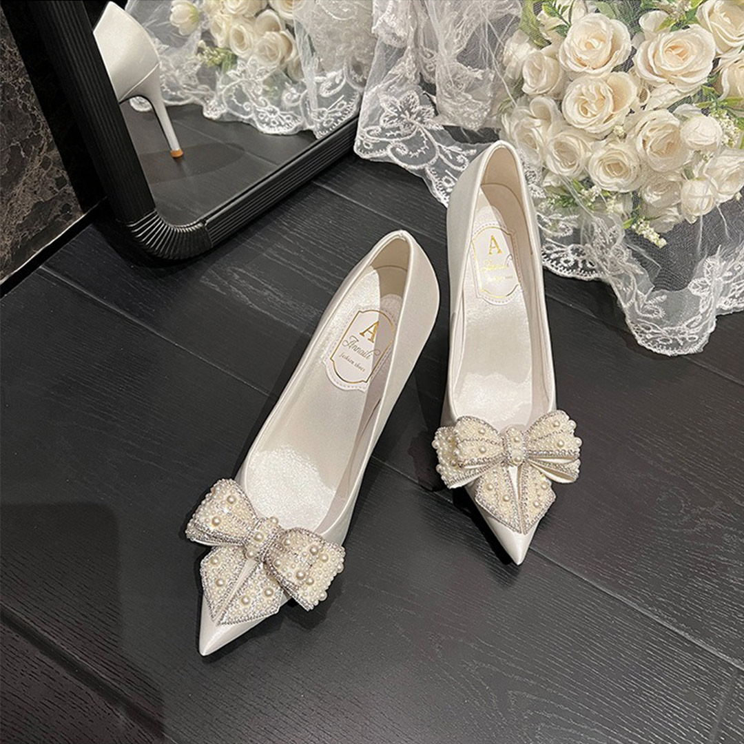 High Heel Satin Point Toe Wedding Shoes With Imitation Pearl/Bowknot