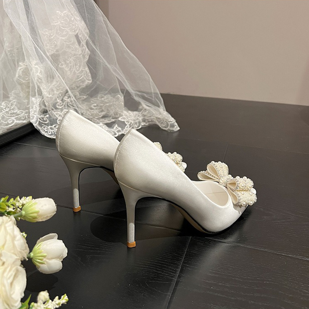 High Heel Satin Point Toe Wedding Shoes With Imitation Pearl/Bowknot