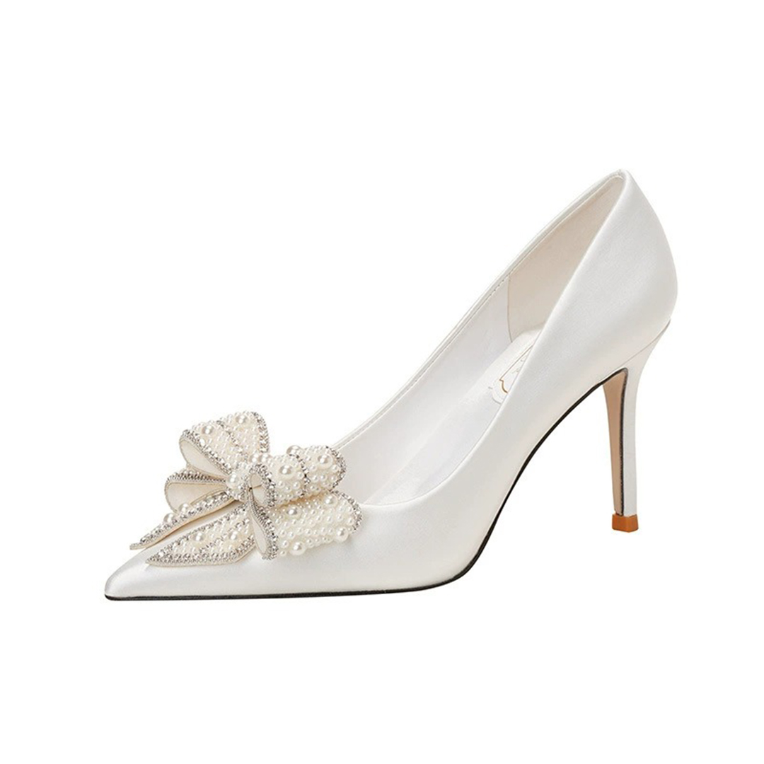 High Heel Satin Point Toe Wedding Shoes With Imitation Pearl/Bowknot