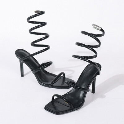 High Heel PU Leather Open Toe Wedding Shoes With Rhinestone