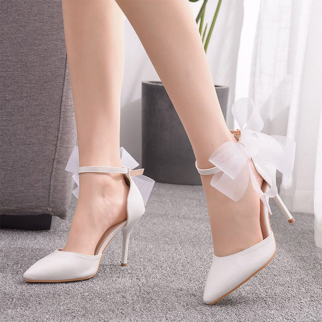 High Heel PU Leather Point Toe Wedding Shoes With Bowknot