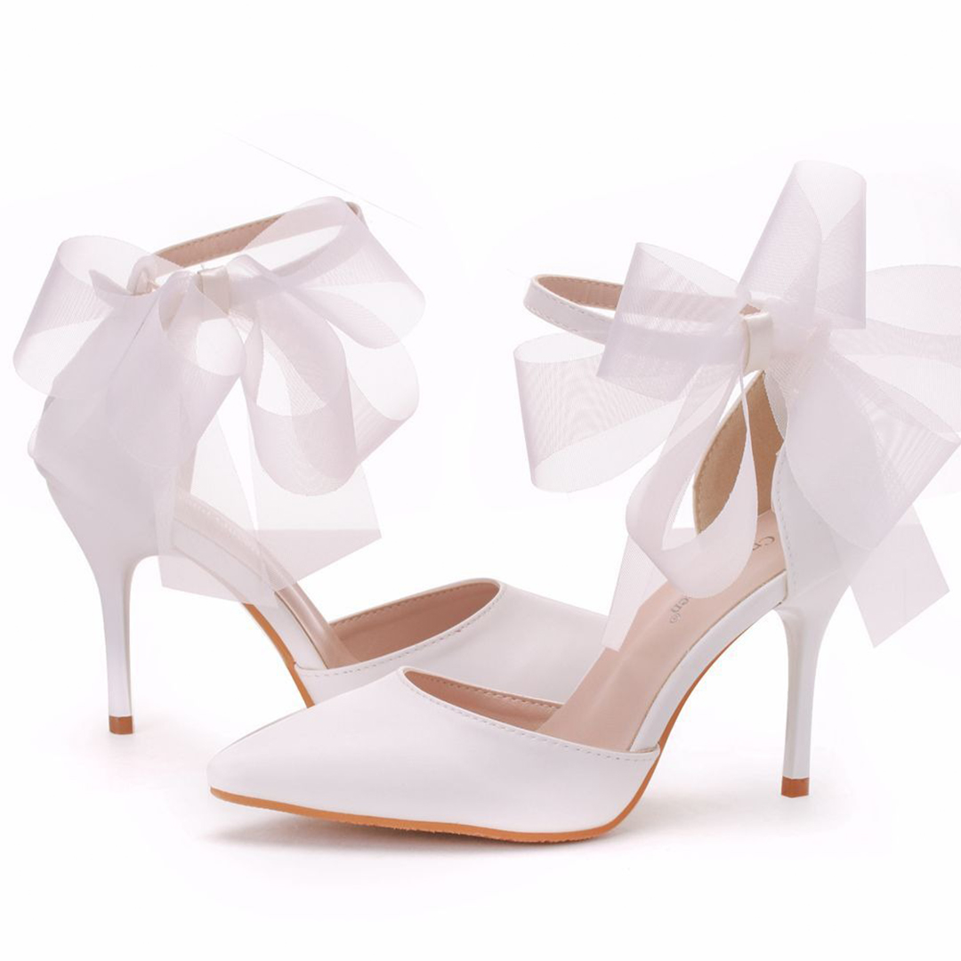 High Heel PU Leather Point Toe Wedding Shoes With Bowknot