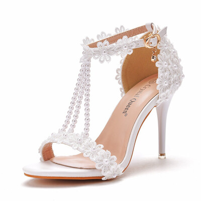 High Heel PU Leather Open Toe Wedding Shoes With Flower