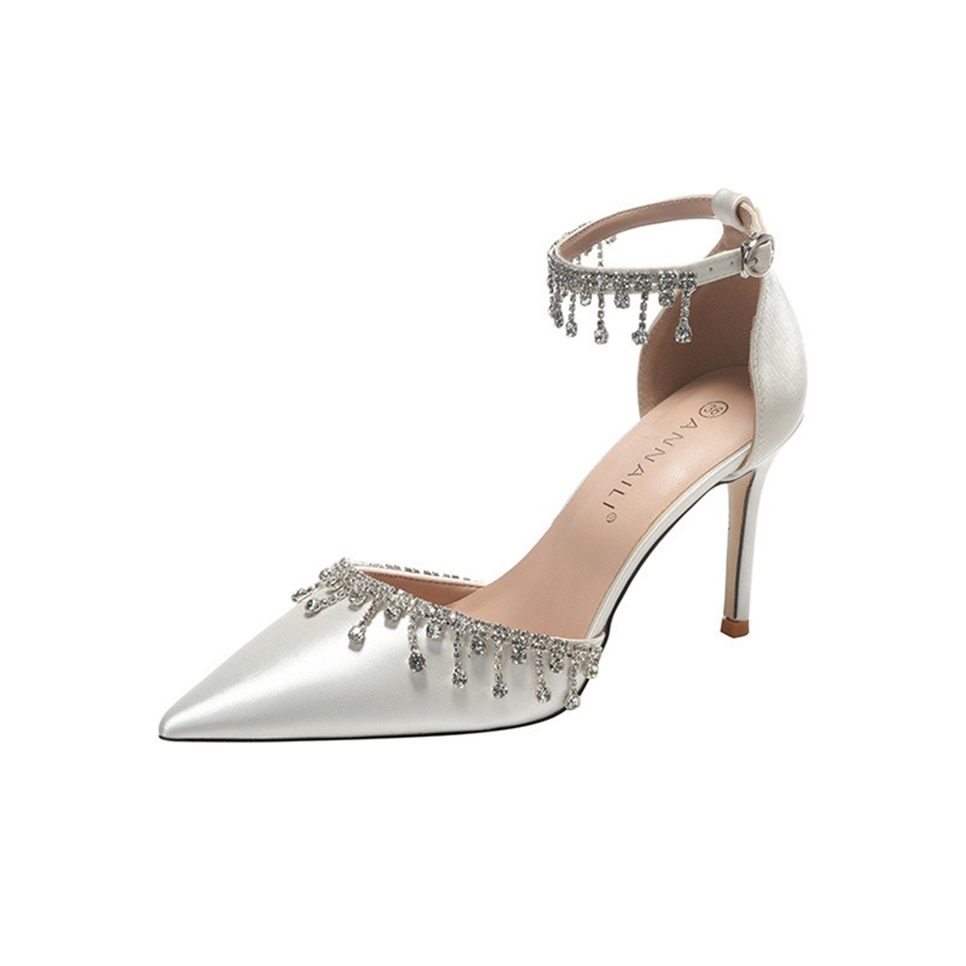 High Heel Satin Point Toe Wedding Shoes With Rhinestone