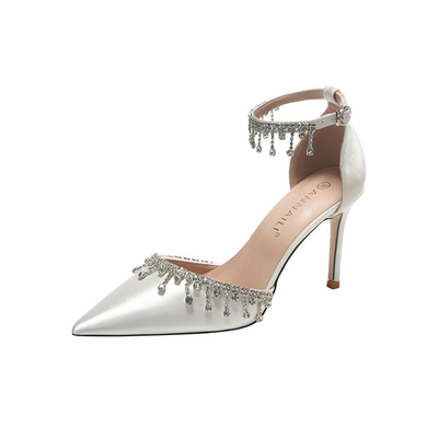 High Heel Satin Point Toe Wedding Shoes With Rhinestone