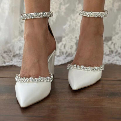 Chunky Heel PU Leather Point Toe Wedding Shoes With Rhinestone