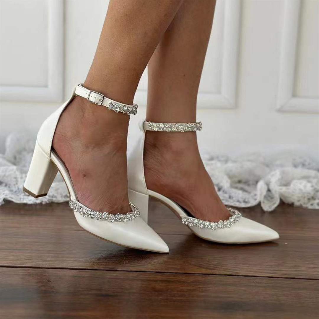 Chunky Heel PU Leather Point Toe Wedding Shoes With Rhinestone
