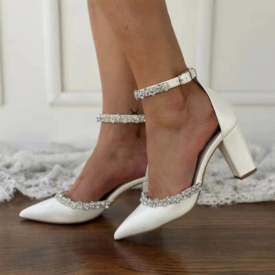 Chunky Heel PU Leather Point Toe Wedding Shoes With Rhinestone