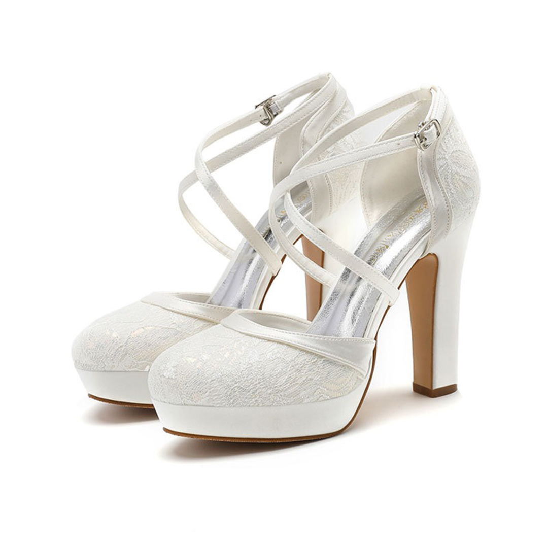 Chunky Heel Silk Satin Round Toe Wedding Shoes With Lace