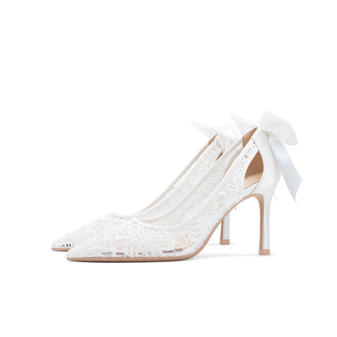 High Heel Silk Satin Point Toe Wedding Shoes With Bowknot