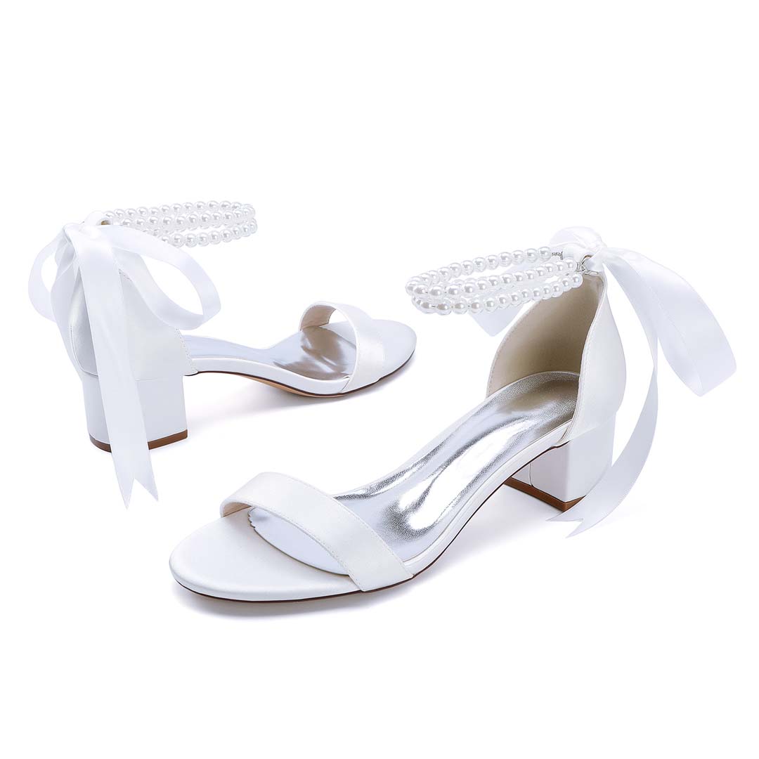 Low Heel Silk Like Satin Open Toe Wedding Shoes With Imitation Pearl