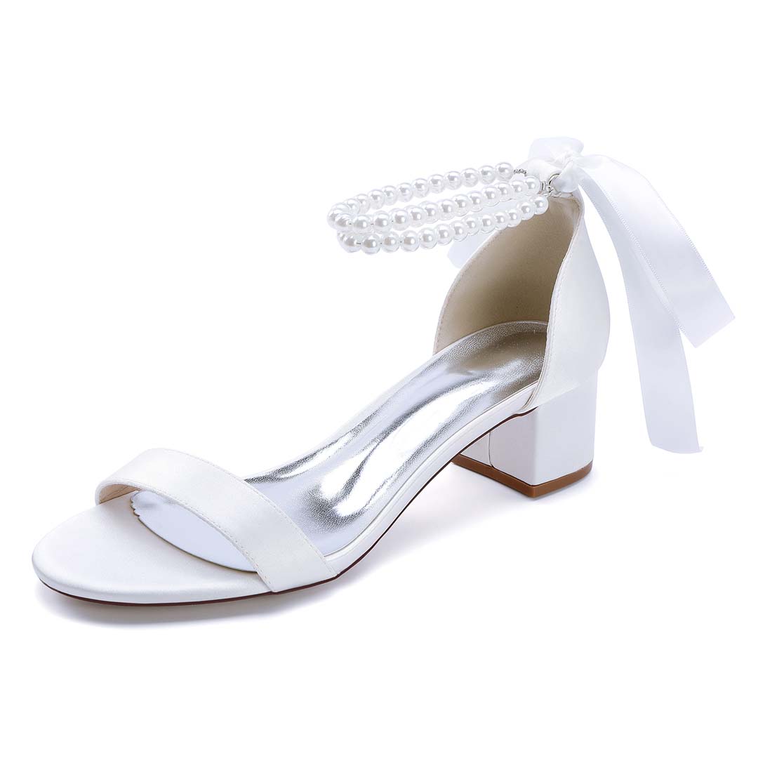 Low Heel Silk Like Satin Open Toe Wedding Shoes With Imitation Pearl