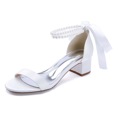 Low Heel Silk Like Satin Open Toe Wedding Shoes With Imitation Pearl