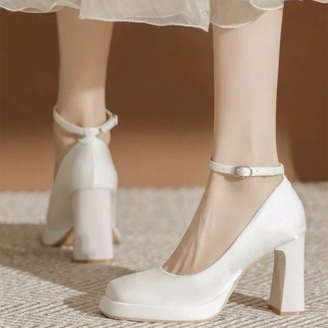 Chunky Heel Silk Satin Square Toe Wedding Shoes