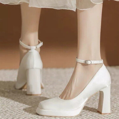 Chunky Heel Silk Satin Square Toe Wedding Shoes