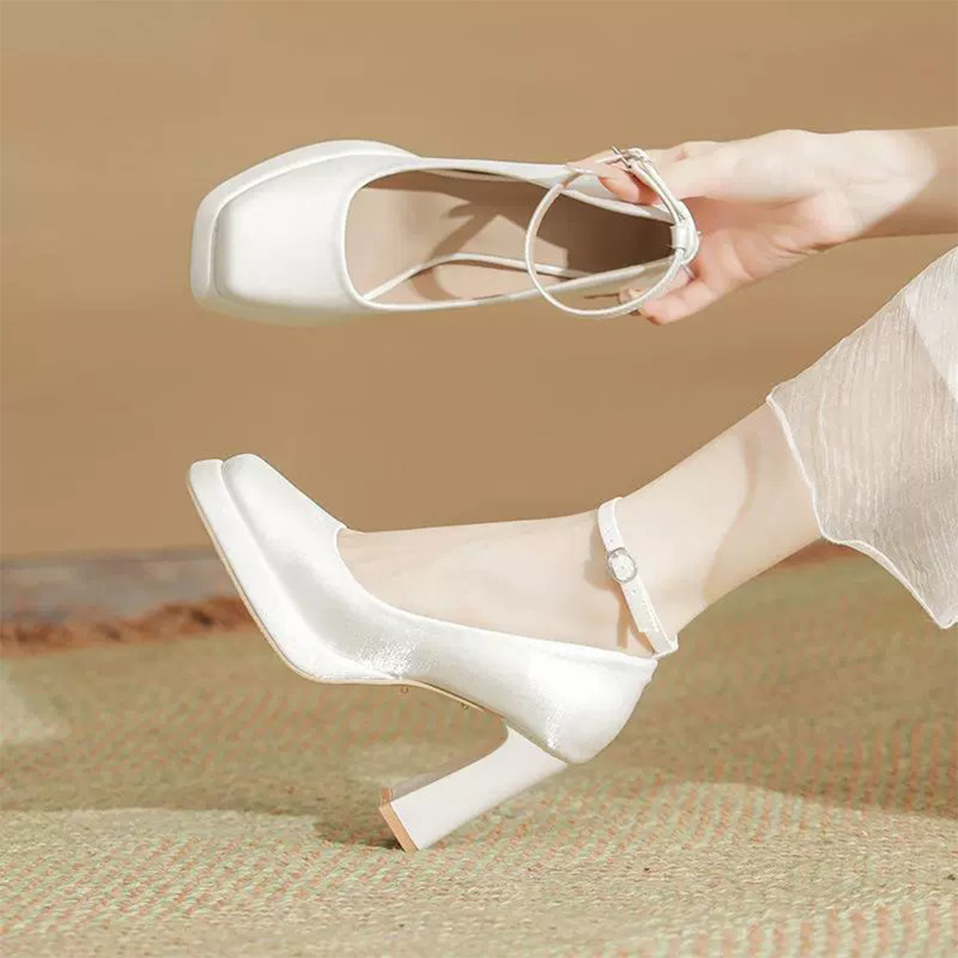 Chunky Heel Silk Satin Square Toe Wedding Shoes