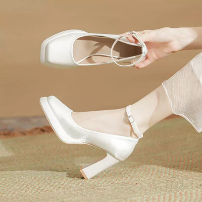 Chunky Heel Silk Satin Square Toe Wedding Shoes