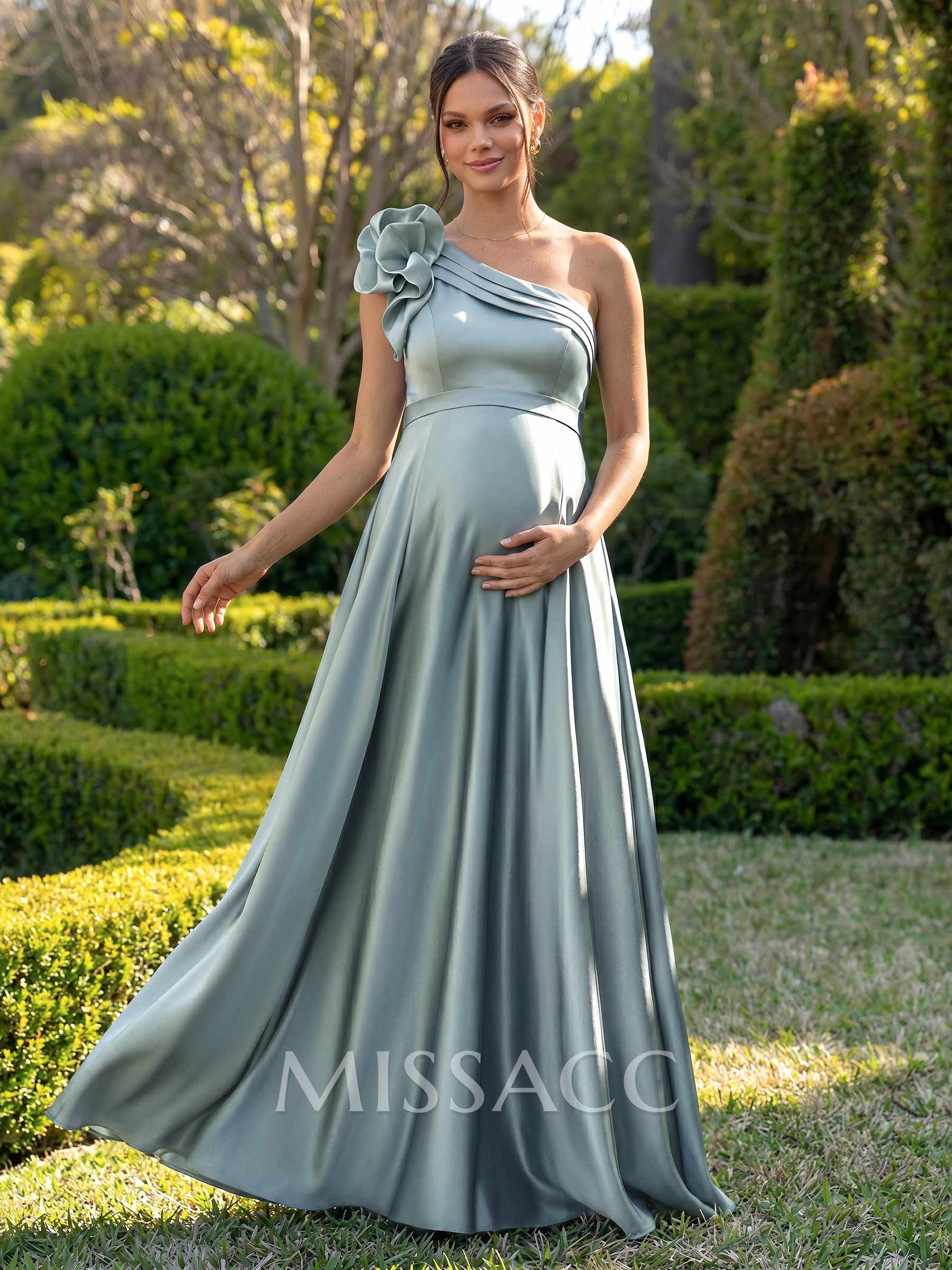 A-Line One-Shoulder Sleeveless Floor-Length Satin Maternity Bridesmaid Dresses With Flower(s)