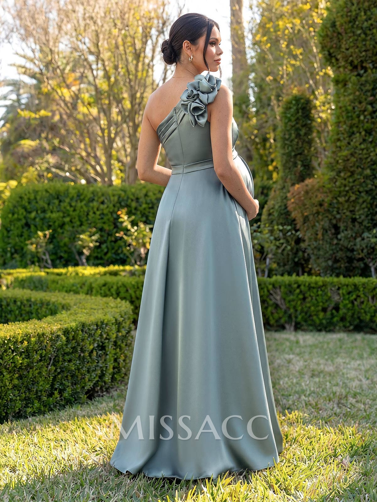 A-Line One-Shoulder Sleeveless Floor-Length Satin Maternity Bridesmaid Dresses With Flower(s)