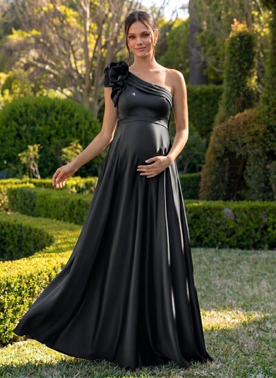 A-Line One-Shoulder Sleeveless Floor-Length Satin Maternity Bridesmaid Dresses With Flower(s)