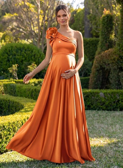 A-Line One-Shoulder Sleeveless Floor-Length Satin Maternity Bridesmaid Dresses With Flower(s)