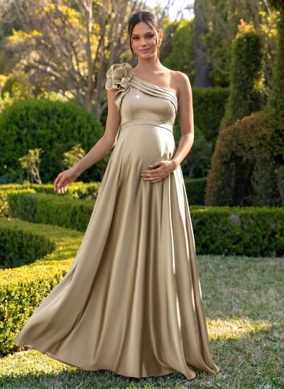 A-Line One-Shoulder Sleeveless Floor-Length Satin Maternity Bridesmaid Dresses With Flower(s)