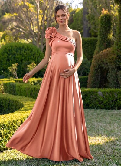 A-Line One-Shoulder Sleeveless Floor-Length Satin Maternity Bridesmaid Dresses With Flower(s)