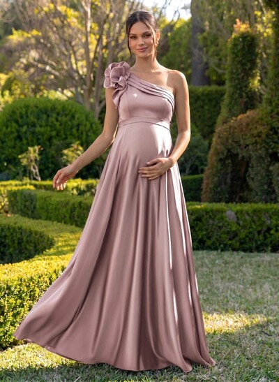 A-Line One-Shoulder Sleeveless Floor-Length Satin Maternity Bridesmaid Dresses With Flower(s)