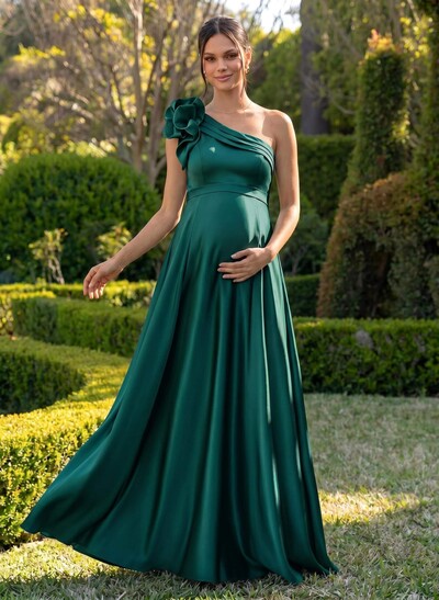 A-Line One-Shoulder Sleeveless Floor-Length Satin Maternity Bridesmaid Dresses With Flower(s)