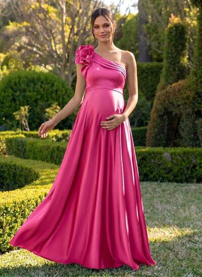 A-Line One-Shoulder Sleeveless Floor-Length Satin Maternity Bridesmaid Dresses With Flower(s)