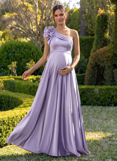 A-Line One-Shoulder Sleeveless Floor-Length Satin Maternity Bridesmaid Dresses With Flower(s)