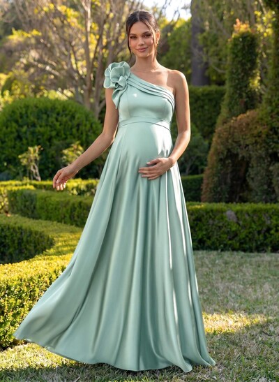 A-Line One-Shoulder Sleeveless Floor-Length Satin Maternity Bridesmaid Dresses With Flower(s)