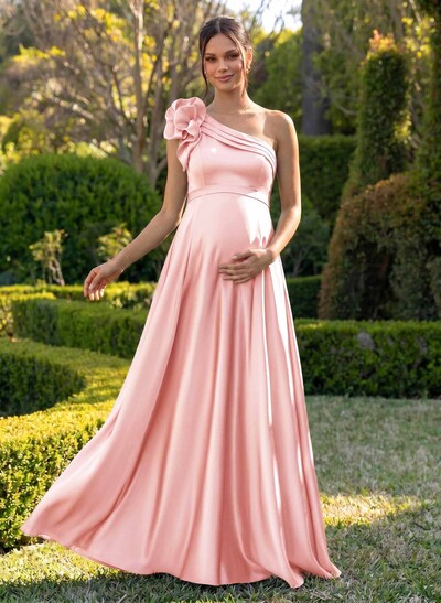A-Line One-Shoulder Sleeveless Floor-Length Satin Maternity Bridesmaid Dresses With Flower(s)