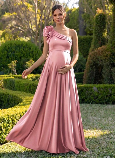 A-Line One-Shoulder Sleeveless Floor-Length Satin Maternity Bridesmaid Dresses With Flower(s)