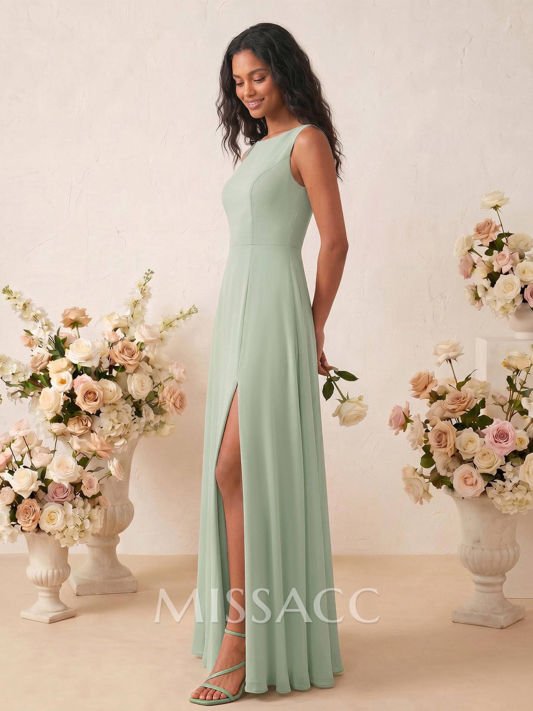 Elegant A-Line Scoop Neck Sleeveless Floor-Length Chiffon Bridesmaid Dresses