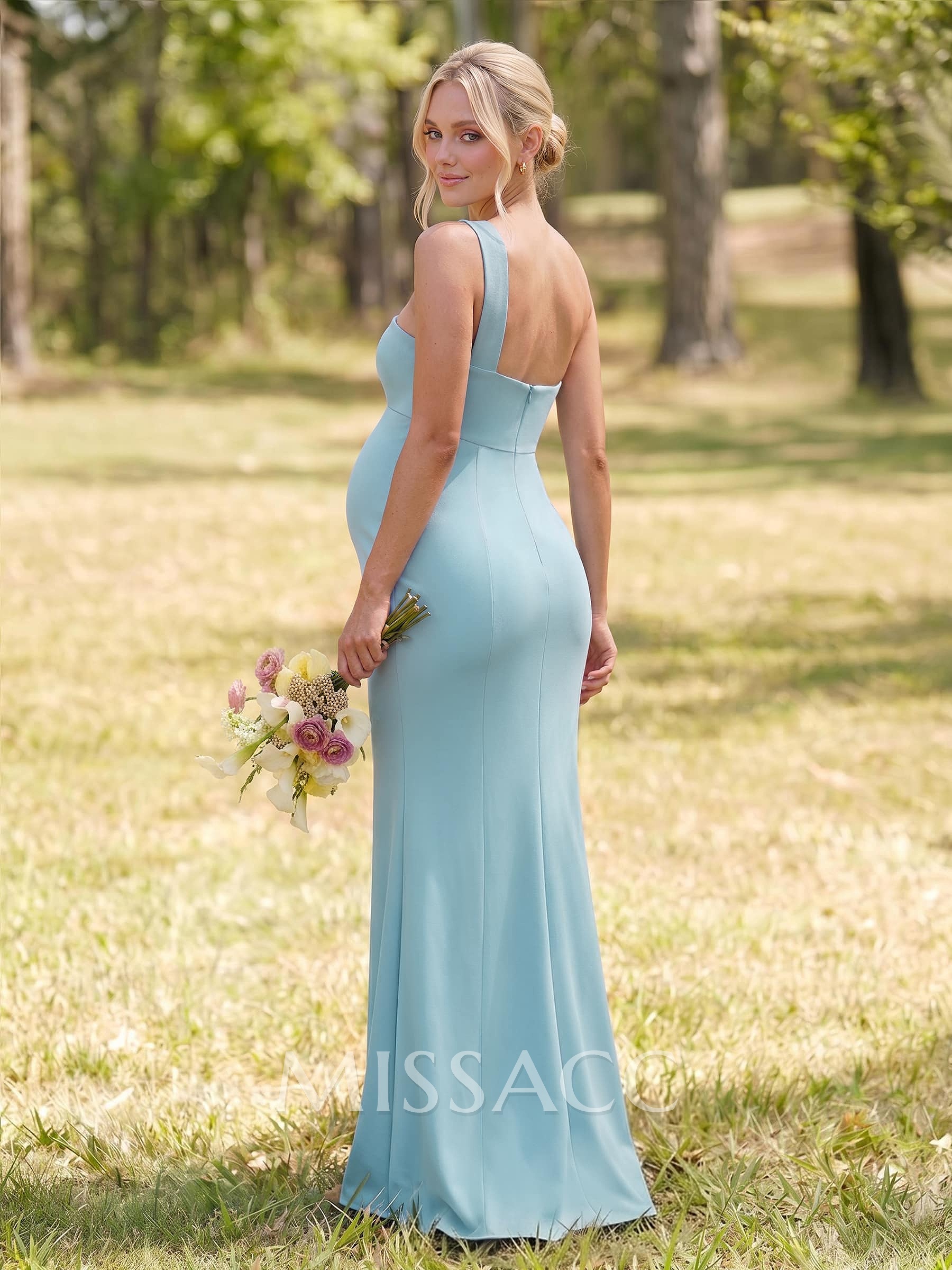 Sheath/Column One-Shoulder Sleeveless Floor-Length Elastic Satin Maternity Bridesmaid Dresses