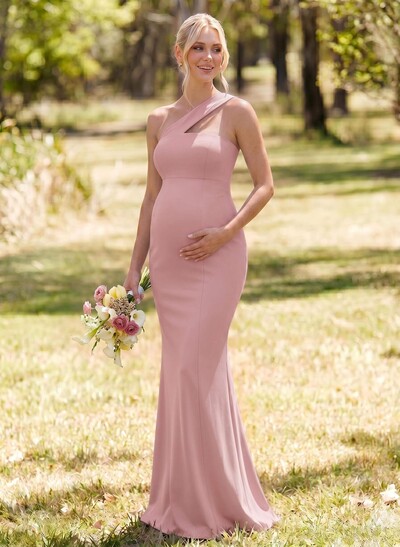 Sheath/Column One-Shoulder Sleeveless Floor-Length Elastic Satin Maternity Bridesmaid Dresses